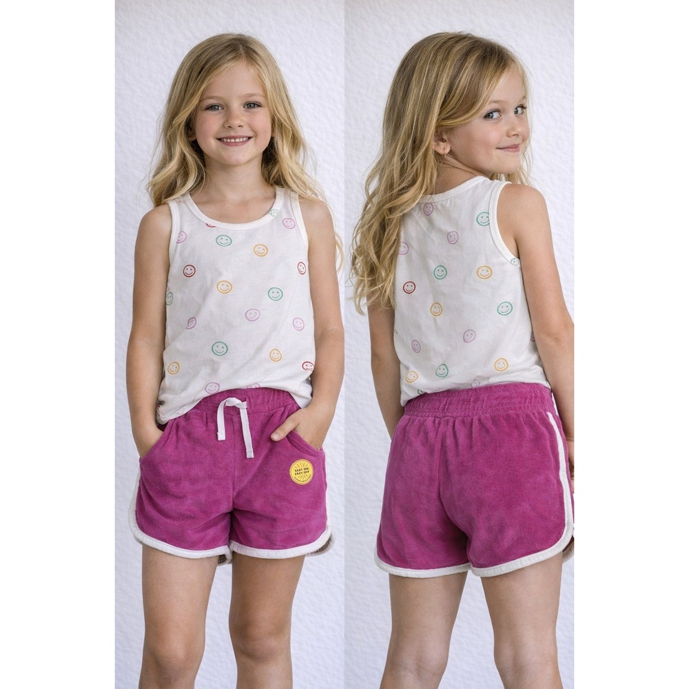 Cat &‎ Jack Girls Smiley Face Tank Top & Terry Shorts Outfit Size L 10/12 NWT